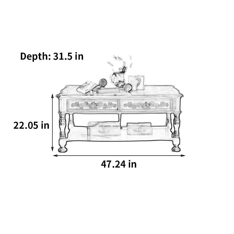 Table basse American Vintage, H 22,05 po x L 47,24 po x l 31,5 po