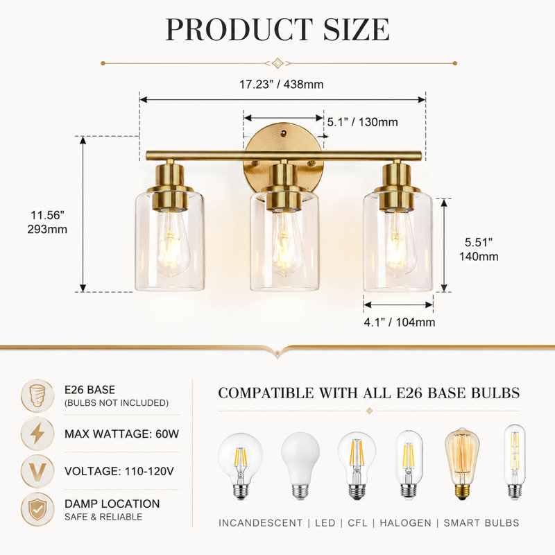 3-Light Gold Bathroom Light Fixtures