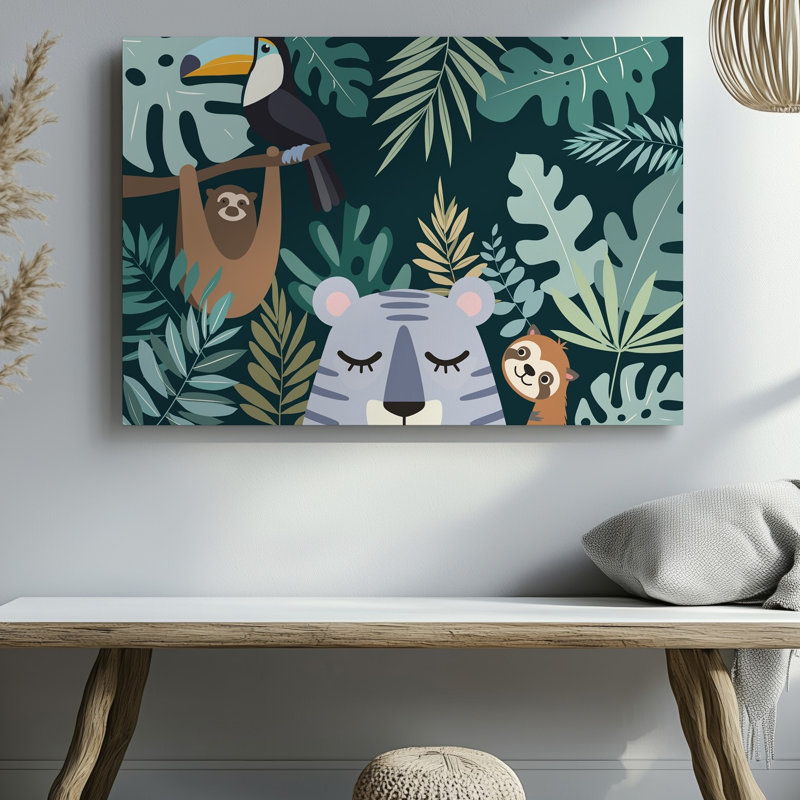 Reproduction d'art sur toile, scène de jungle vibrante et fantaisiste mettant en vedette un tigre décontracté avec des yeux fermés