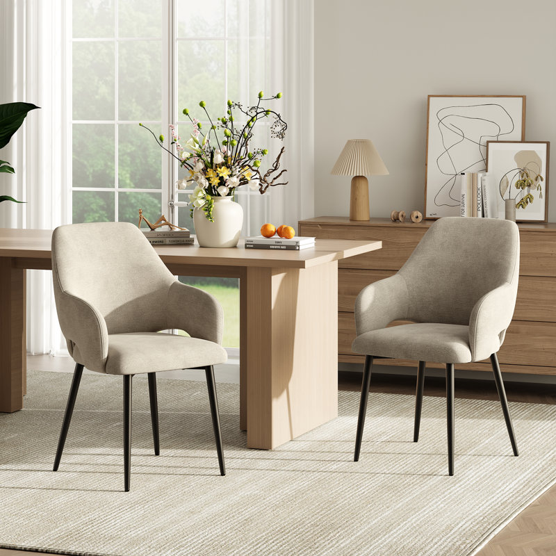 Modern Fabric Upholstered Dining ArmChair with Metal Legs, Ergonomic Back, Camel