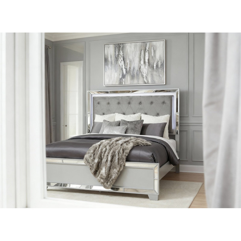 Fazeley Queen Tufted Bed with Lighted Headboard, Silver