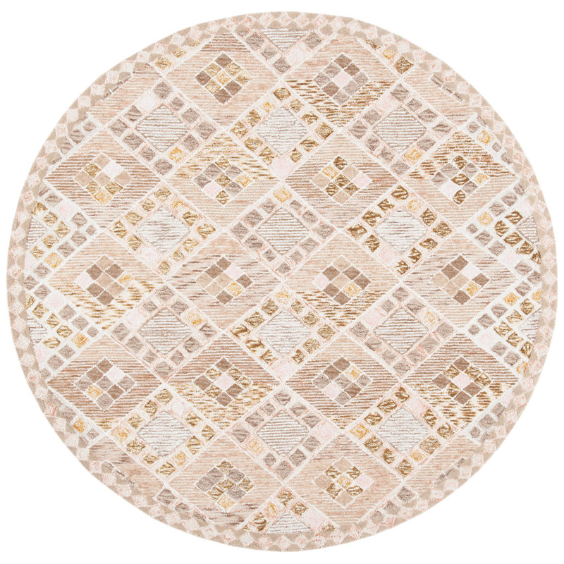 Tapis beige en laine touffeté à la main à motif géométrique, Rond 6 pi