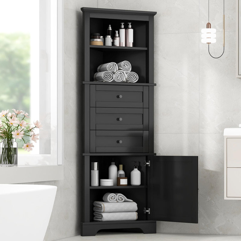 Armoire haute triangulaire avec 3 tiroirs et tablettes réglables, Vert