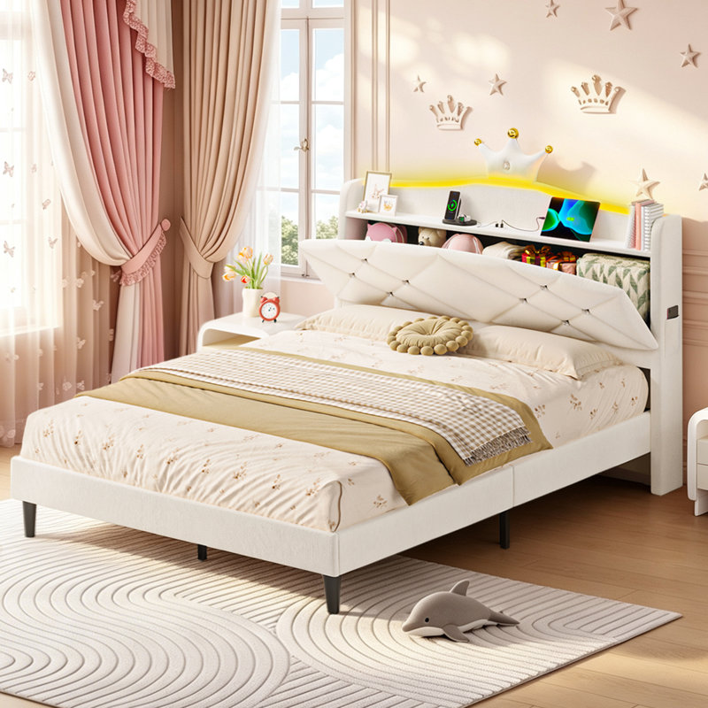 Velvet Princess Bed with Storage Headboard, LED Lights & Charging Station, Upholstered Bed Frame with Crystal Button & Crown, No Mattress Included
