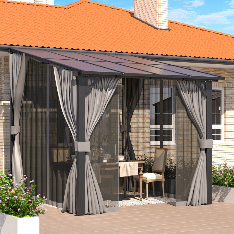 Lean-To Wall-Mounted Pergolas With Curtains And Netting, 243.8 cm H × 243.8 cm W × 243.8 cm D