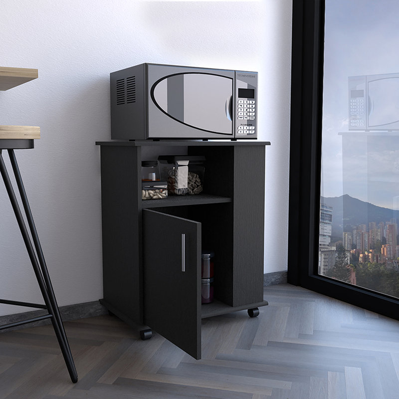 Armoire inférieure pour micro-ondes, porte simple, trois tablettes latérales, Noir