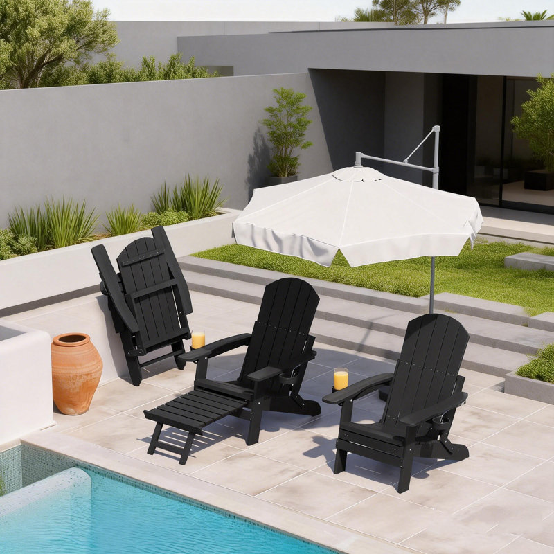 Adirondack Chair With Retractable Ottoman Folding Adirondack Chairs Adjustable Backrest With Footrest Fire Pit Chairs, Black