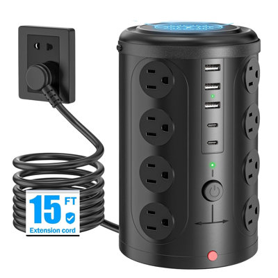 15FT Tower Charging Station: 16 Outlets + 5 USB (2C) + 15W Wireless | Surge Protector, Black, Home Office Dorm