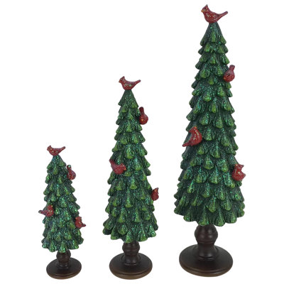 3 Piece Glittered Christmas Tree with Cardinals Decoration Set
