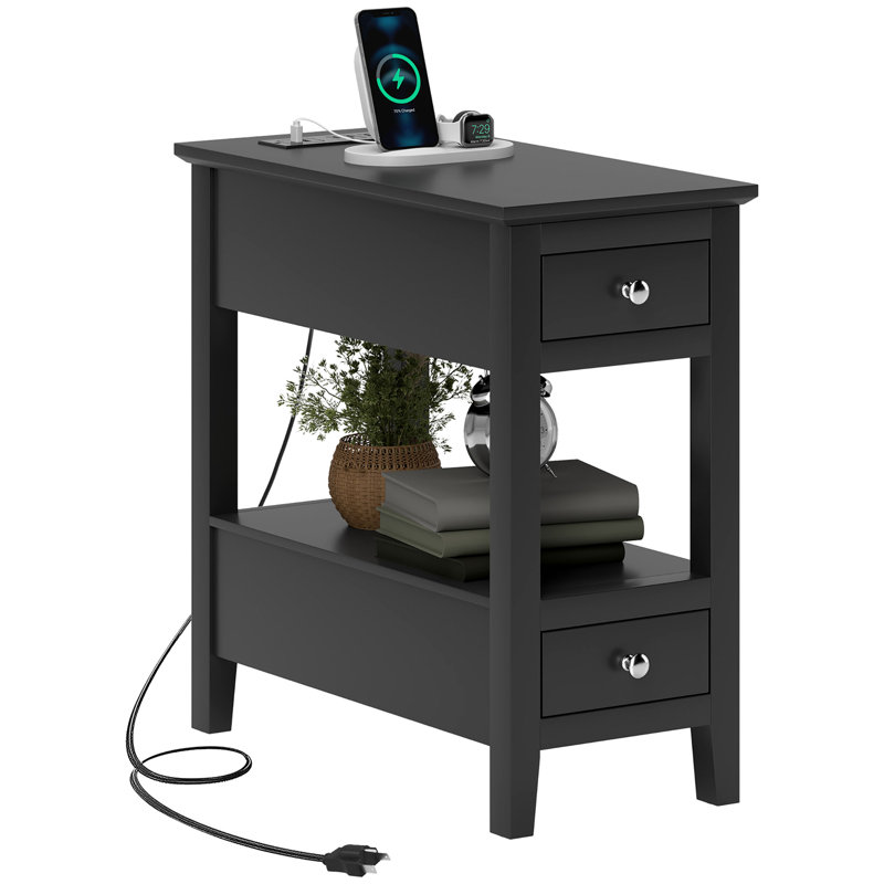 End Table with Charging Station USB Ports Side Table with Storage, Black