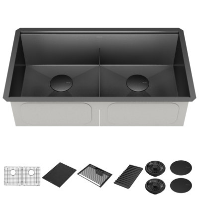 Évier de cuisine encastré à double cuve en acier inoxydable noir de calibre 16 Delta Rivet ™ L 33 po