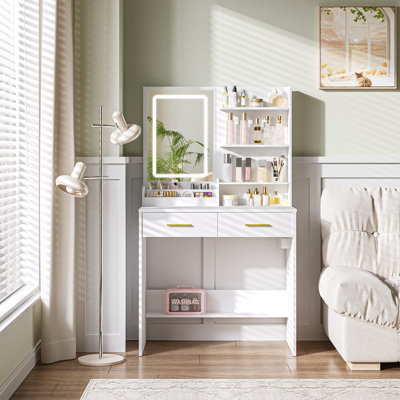 Vanity Desk with Mirror and Light, Makeup Vanity with Power Outlet, Drawers, 3 Color Modes Dressing Table with 2 Drawers for Bedroom, White by Wrought Studio