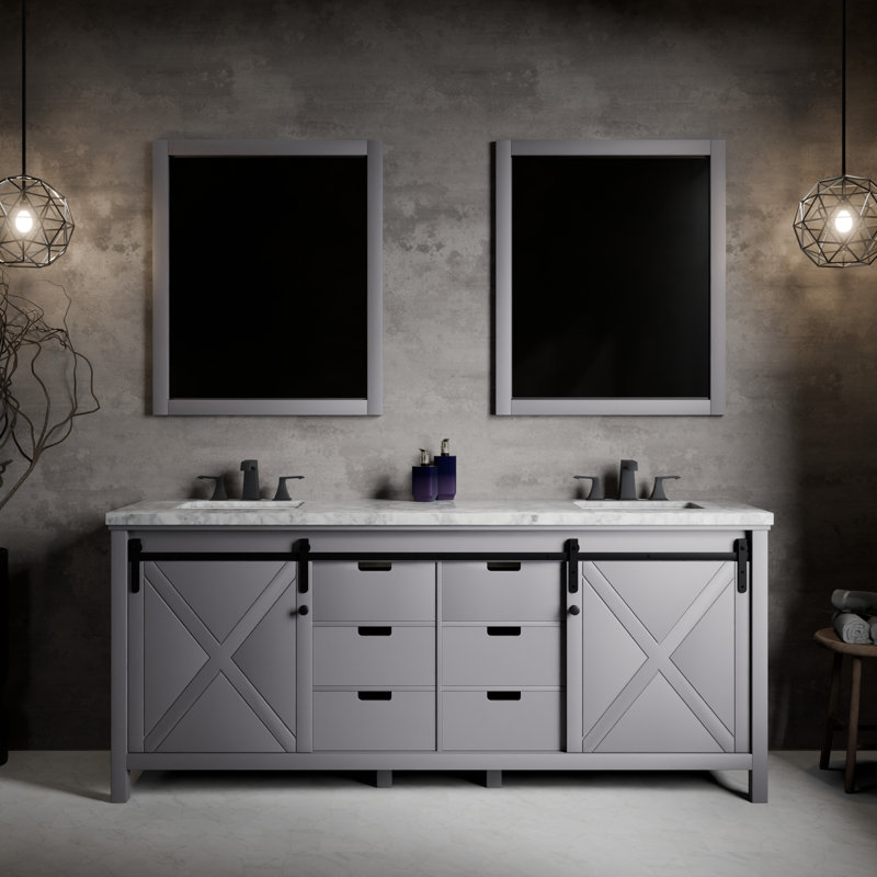 Marsyas 80 in W x 22 in D Double Bath Vanity and 30 in Mirrors, White Carrara Marble, Dark Gray