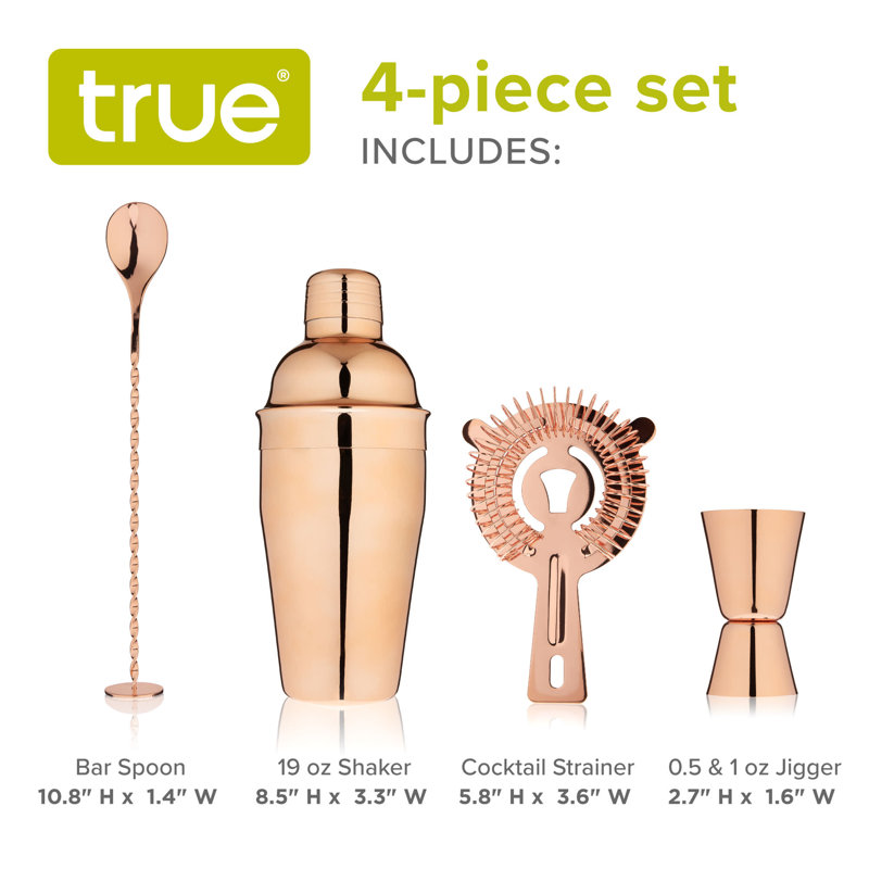 L'ensemble de bar véritable en acier inoxydable comprend un shaker, une cuillère, un jigger, une crépine Hawthorne et une boisson