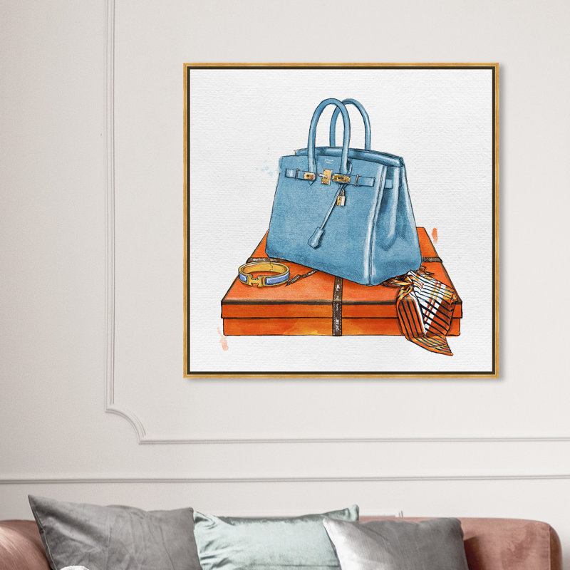 " Fashion And Glam My Bag Collection III, Glam Blue ", 40" H x 40" W, Gold Framed