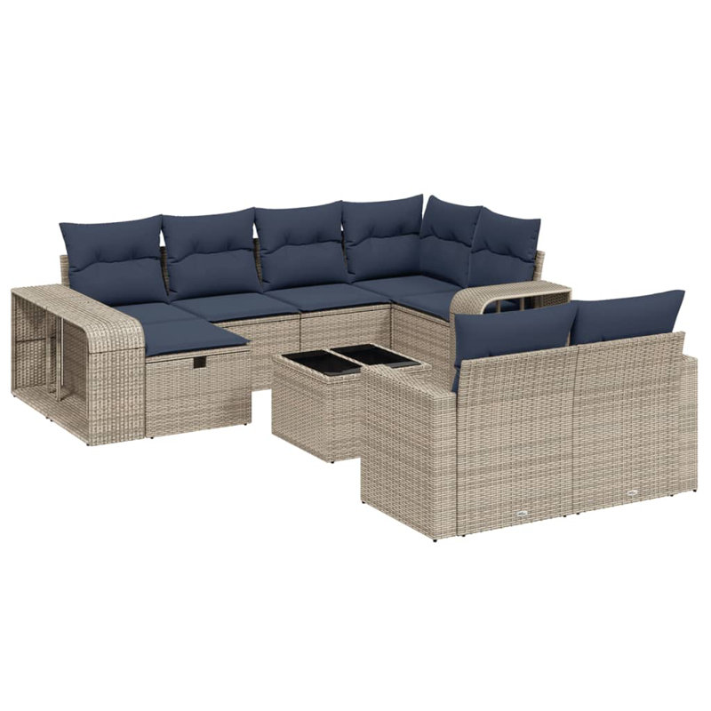 Latitude Run® 10 Piece Patio Sofa Set With Cushions Black Poly Rattan, Navy Blue Cushion/ Gray Frame