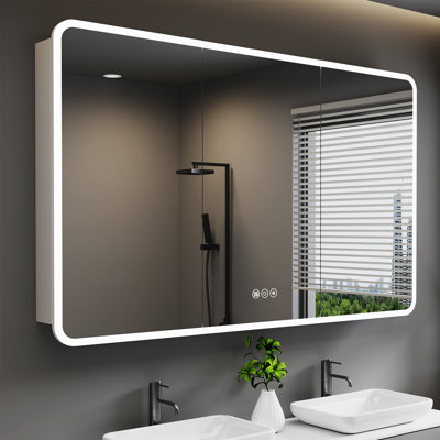 32" H X 60" W Cynethia Silver Aluminum Frame Rounded Edge Recessed/Surface Mount Medicine Cabinet with Mirrors, 3 Colour Dimmable Lights and Adjustable Glass Shelves