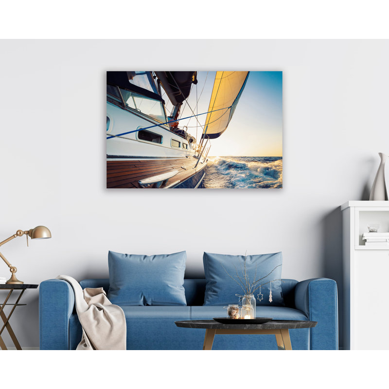 Wall art decor "Golden Sea Spray" - Serene Sailboat Close-Up on Wrapped Canvas, H 32 po x l 48 po x P 1,5 po