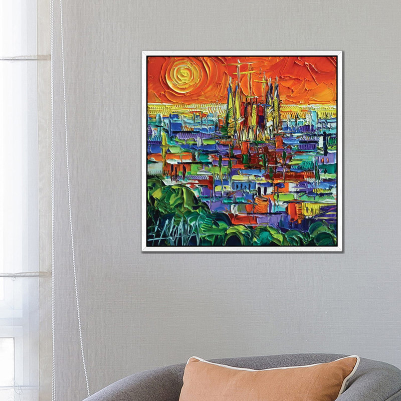 Barcelona View Stylized Cityscape 1 Piece Painting on Canvas, 66.04cm H x 66.04cm W x 3.81cm D, White Framed
