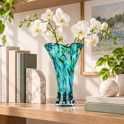 9'' Teal Hand-Blown Glass Vase, Wide Mouth for Coastal Home Decor