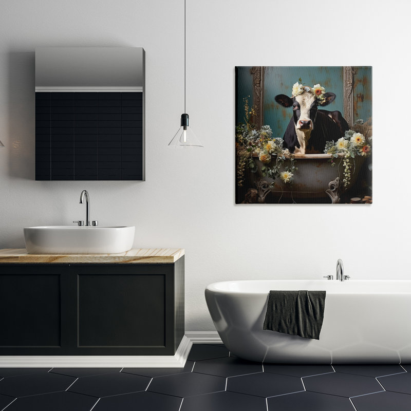 Art mural rétro par vache dans la baignoire par Lazar Studio, H 30 po x l 30 po