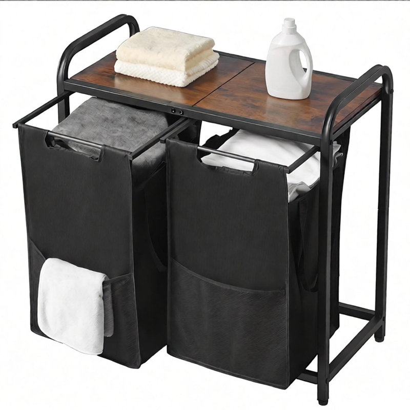 2 bacs à linge autoportants, plateau en bois rétro, structure en métal et sacs rétractables en tissu Oxford 600D