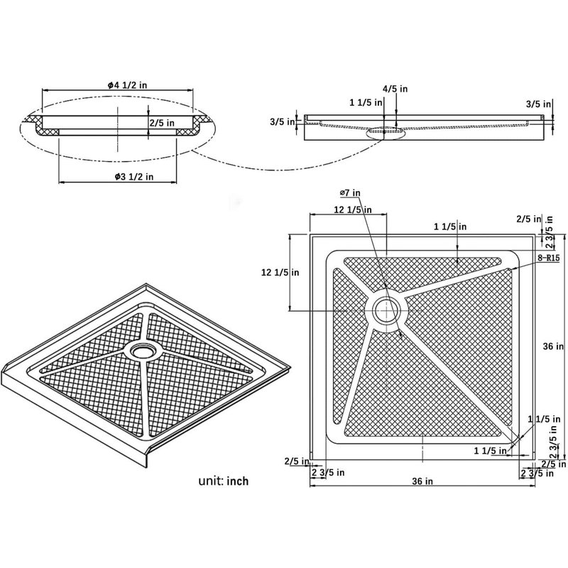 36'' W 36'' D Square Double Shower Base