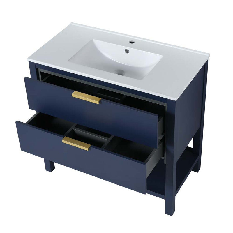 Jamicka 35.9 " W Freestanding Standard Free Standing 1 Single Vanity Bathroom Vanity With Resin Top, Navy Blue