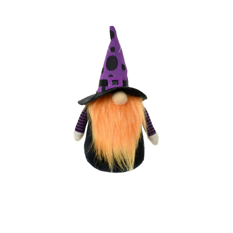 Gnome d'Halloween debout en tissu noir / mauve avec un chapeau de sorcière à pois mauve