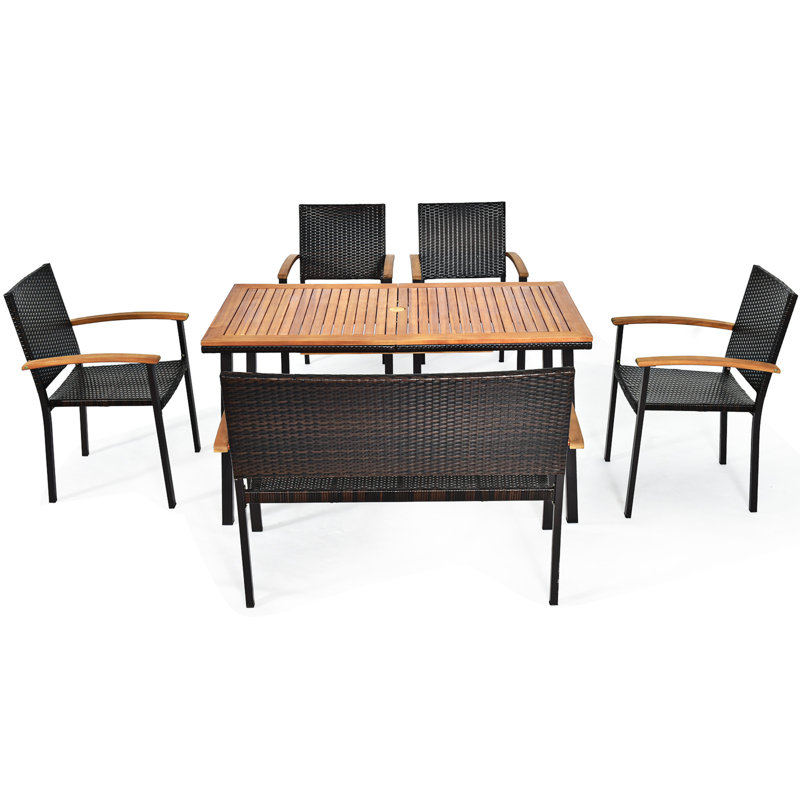 Eryn-Louise 6 - Person Acacia Solid Wood Patio Dining Set Umbrella Hole Included Rectangular Table