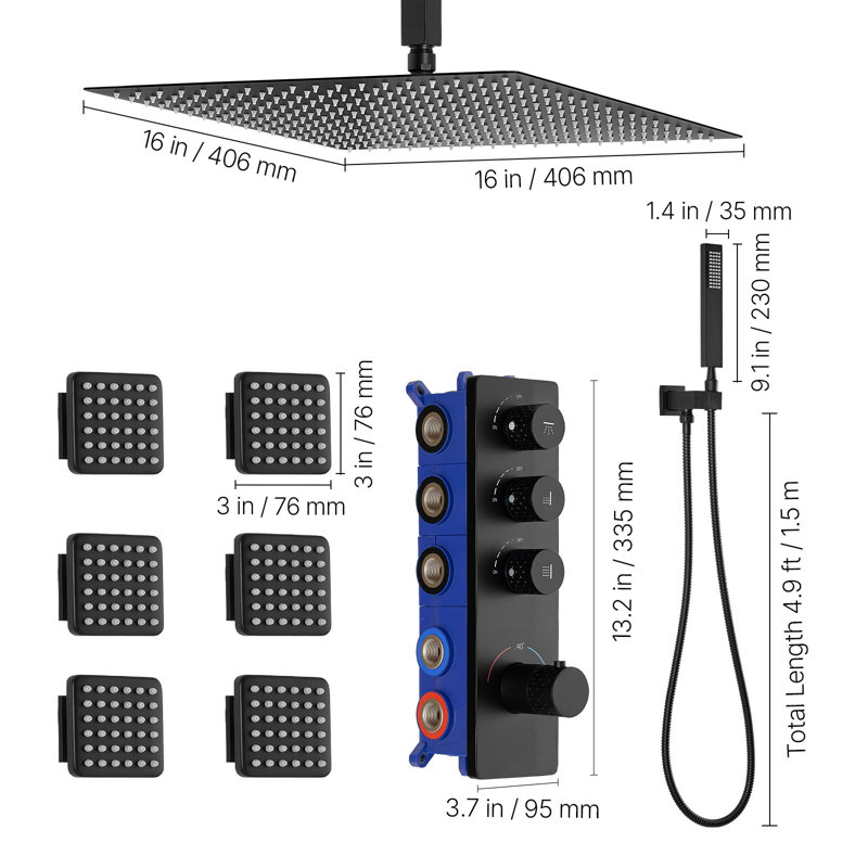 Shower Faucet Set, 16 Inch Thermostatic Ceiling Mount Rainfall Shower System with 6 Body Jets and Handheld Spray, Rotatable 3-Function Rain Head Complete Brass Valve and Trim Kit, Matte Black
