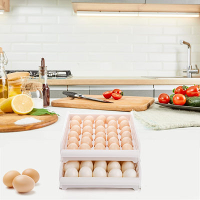 60 Egg Drawer For Refrigerator, 2-Layer Stackable Egg Holder Storage Container For Countertop, Large Capacity Plastic Fresh Egg Tray Dispenser Organizer Keeper With Handle