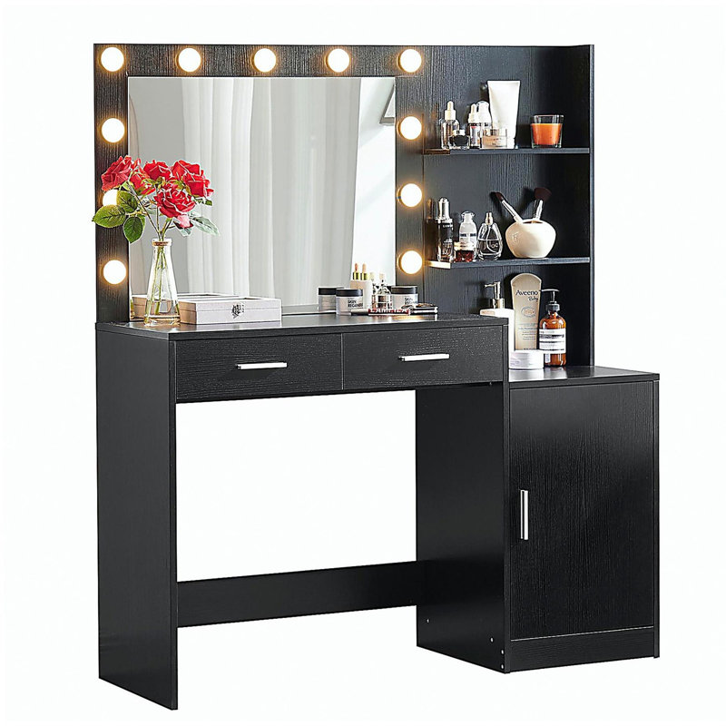 Meuble-lavabo avec miroir et lumières, coiffeuse 46,4 po avec 2 grands tiroirs et grand organisateur vertical, commode à 3 niveaux et 3 modes d'éclairage à luminosité réglable, convient à la chambre à coucher (noir)