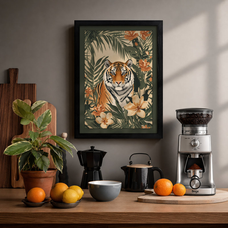 Tiger in Bloom Tropical - Framed Print, Black, A4 - 29.7 x 21.0 cm