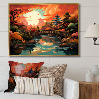 «Beautiful Sunset Little Bridge In Japanese Garden», reproduction sur toile