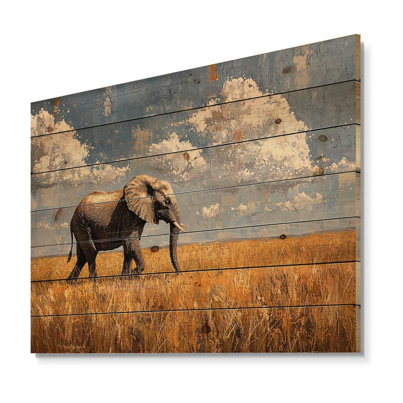 Éléphant dans les plaines d'Afrique III - Éléphant, décoration murale en bois animal - sur bois de pin naturel