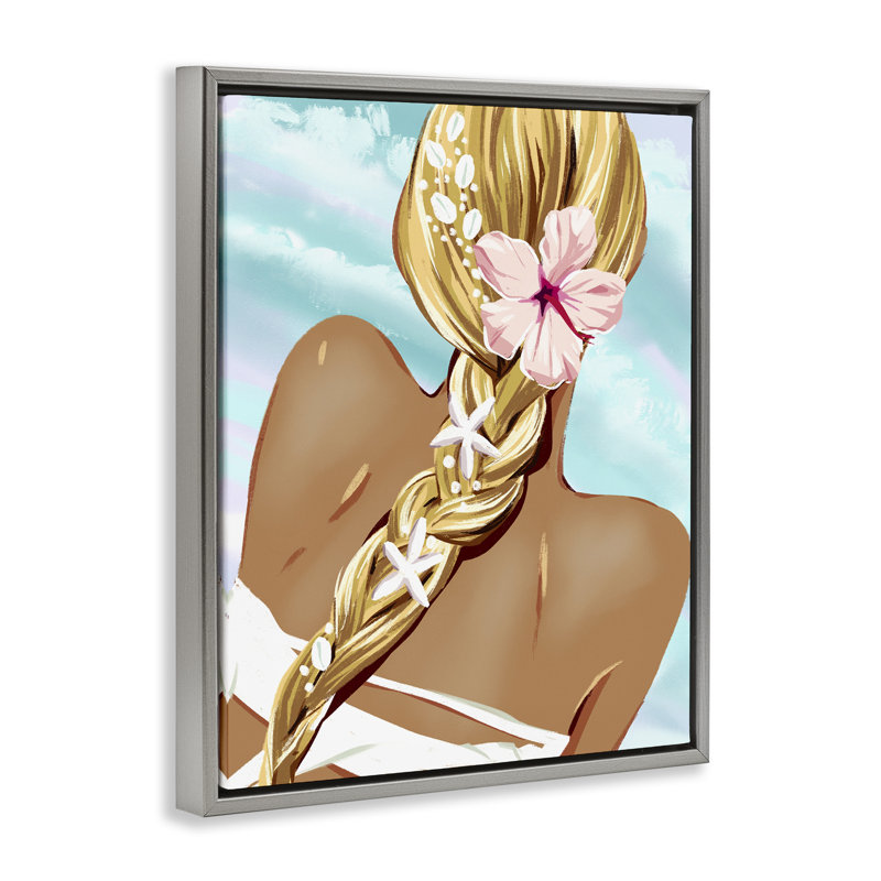 «Beachy Girl with Florals», art mural encadré par Ziwei Li, Cadre flottant gris lustré, H 31 po x l 25 po