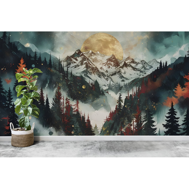 Montagne, forêt, mur, graphique, autocollant, peler et coller, L 145 po x l 100 po, Non tissé