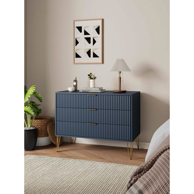 Commode cannelée 35 "de couleur bleu nuit Dumbo (3 tiroirs)