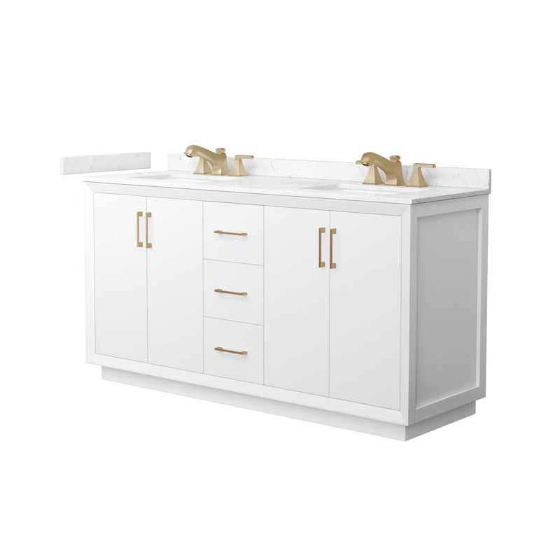 Strada 66" Freestanding Double Bathroom Vanity with Cultured Marble Top, White, Satin Bronze, Carrara Cultured Marble