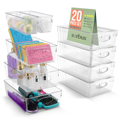 Paquet de 20 bacs de rangement en plastique transparent avec poignées pour tablettes