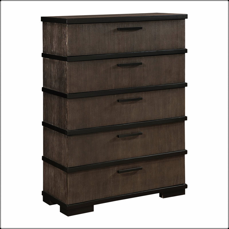 Commode 5 tiroirs deux tons à finition brune et noire, design industriel moderne pour le rangement et le style de la chambre à coucher