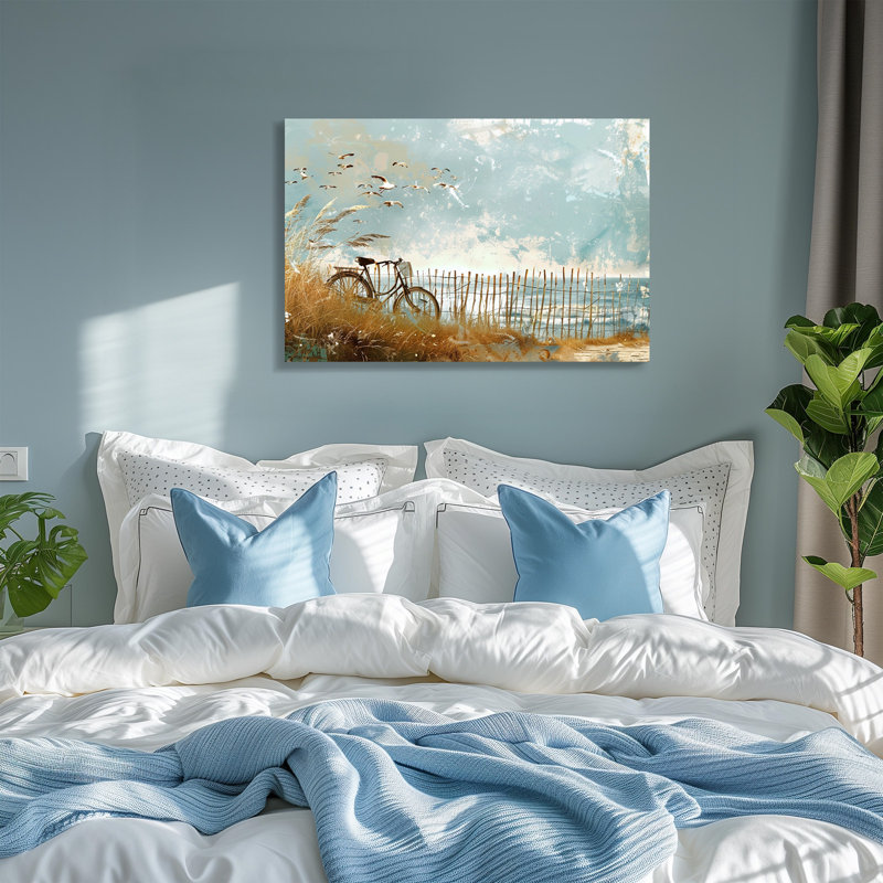 Art mural rétro sur toile bleue avec plage et mouettes - Bord de mer nautique, 36" H x 48" W