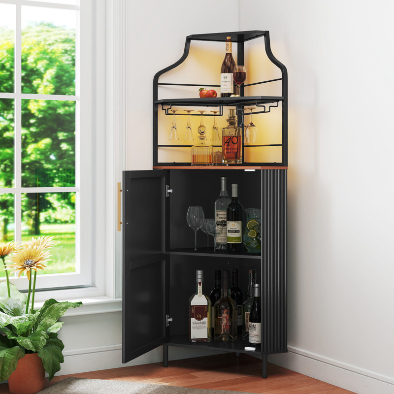 Armoire de bar de coin 59,05 po avec porte-bouteilles et lumières, Noir