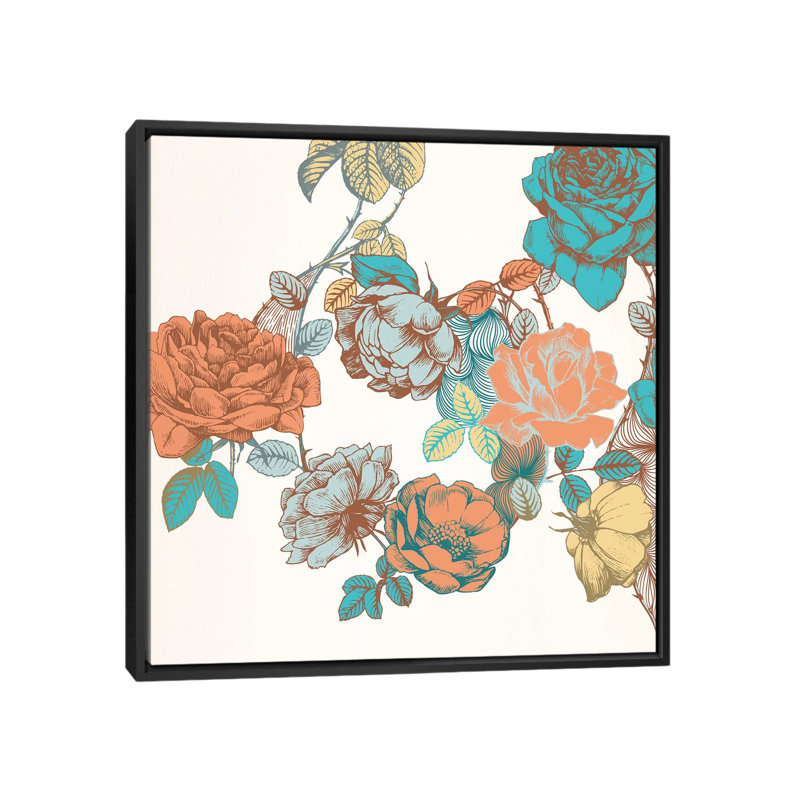 Fleurs et feuilles - Impression d'art graphique, Toile avec cadre noir, Aucun mat, H 18 po x l 18 po x P 1,5 po