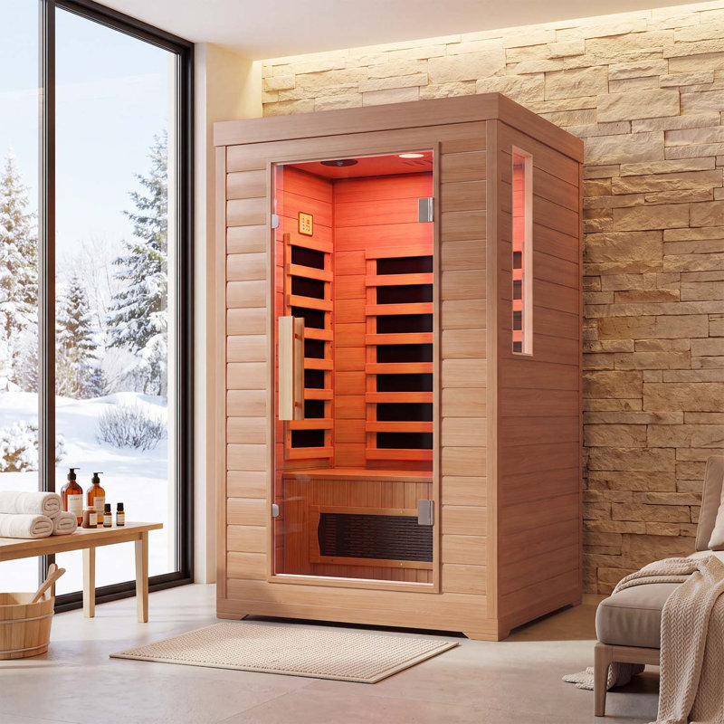 Sauna infrarouge lointain à faible champ électromagnétique pour une personne, en bois de pin de qualité supérieure, avec 6 éléments chauffants infrarouges, éclairage de chromothérapie et audio Bluetooth.
