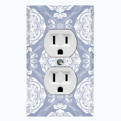 Metal Light Switch Plate Outlet Cover (Black White Elegant Circular Mandala Flowers Tile   - Single Duplex)