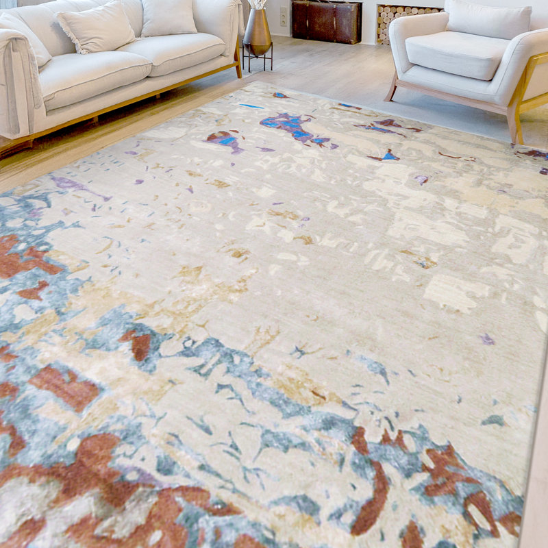 Tapis abstrait de haute qualité fabriqué à la main en gris / bleu / brun, Rectangle 5 pi x 8 pi