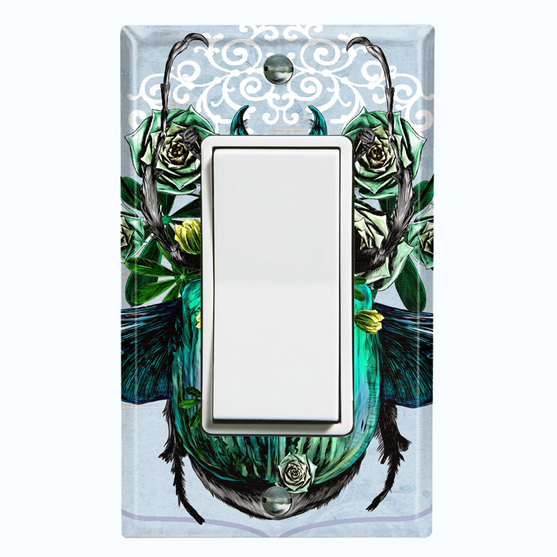 Metal Light Switch Plate Outlet Cover (Teal Beetle Flower Baby Blue    - Single Toggle)