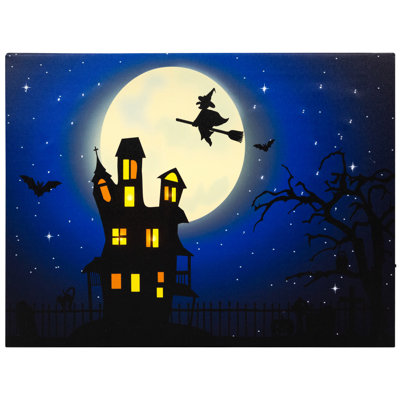 Fiber Optic and LED Lighted Witch in the Moon Halloween Canvas Wall Art 12" x 15.75"